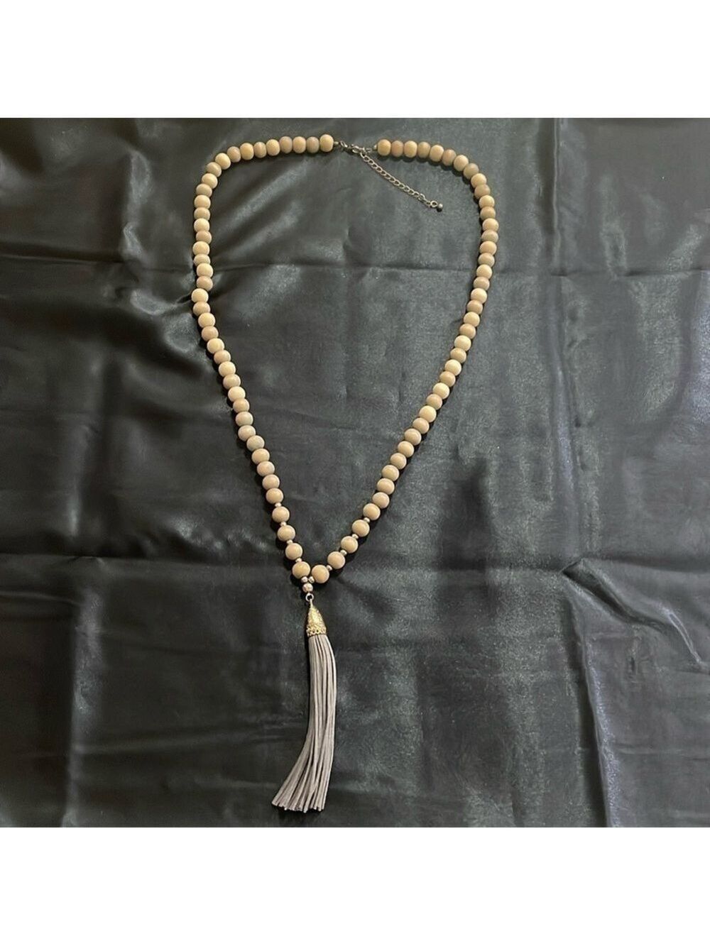 Grey wooden beaded leather tassel necklace